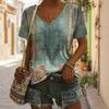 Women's V-neck T-shirt Summer Fashion Top Short-sleeved Ink Printing Pattern Loose Women's Outdoor T-shirt