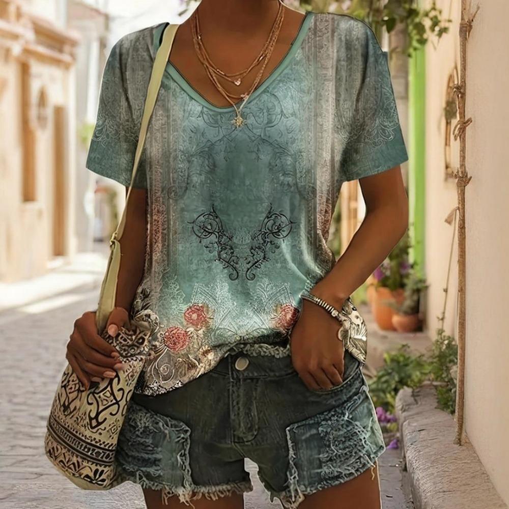 Women's V-neck T-shirt Summer Fashion Top Short-sleeved Ink Printing Pattern Loose Women's Outdoor T-shirt