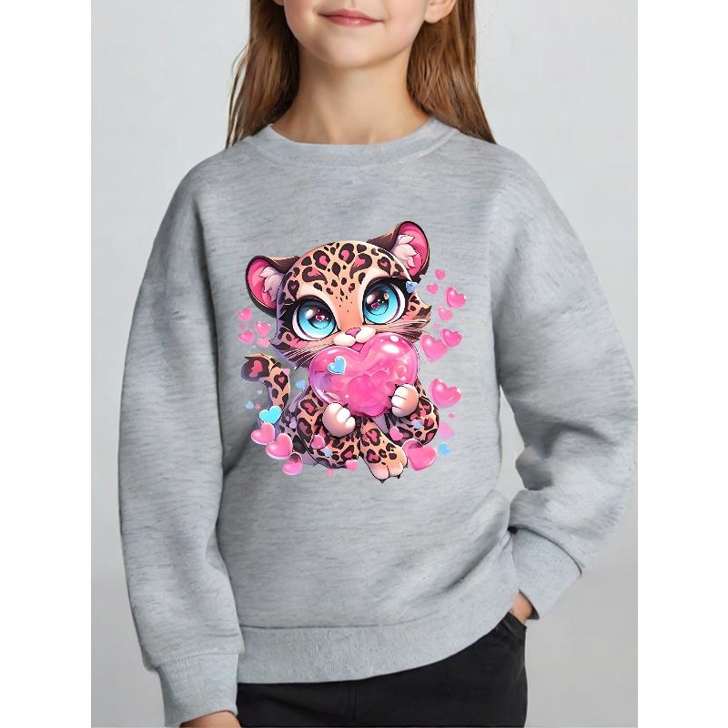 Kids Unisex Crewneck Sweatshirt, Cute Pink Heart Leopard Cub Cartoon Print Long Sleeve Pullover, Soft Kids Sweatshirt For Boys Girls Over 4 Years Old