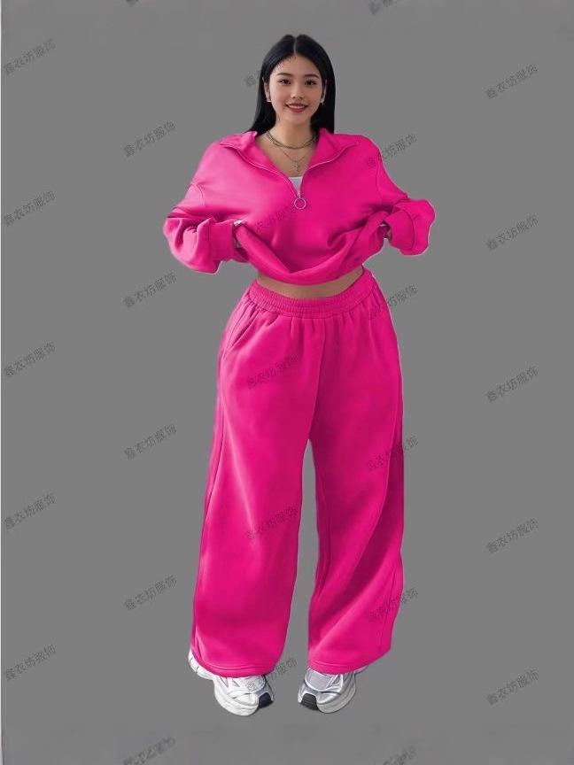 2025 Women's Casual Half-Zip Hoodie and Long Pants Set - European & American Autumn/Winter Style.