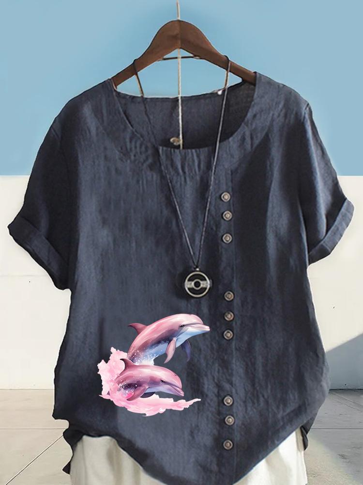 Women's Fashion Couple Dolphin Print Round Neck Short Sleeve T-shirt Summer Casual Cotton Linen Graphic Shirt Leisure Loose Blouse Tops