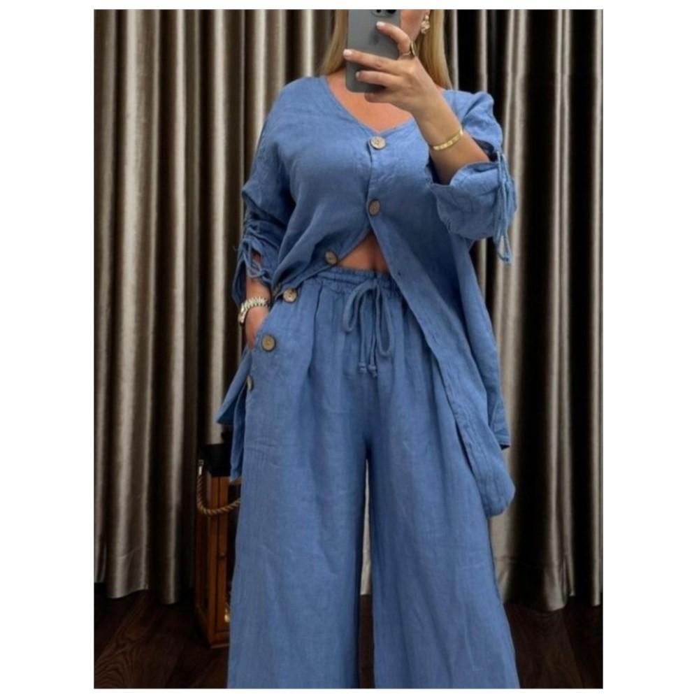 Cotton Linen Irregular Button Shirt Set Women Spring Autumn Casual Loose Retro V-Neck Cardigan + Wide-leg Long Pants 2piece Set