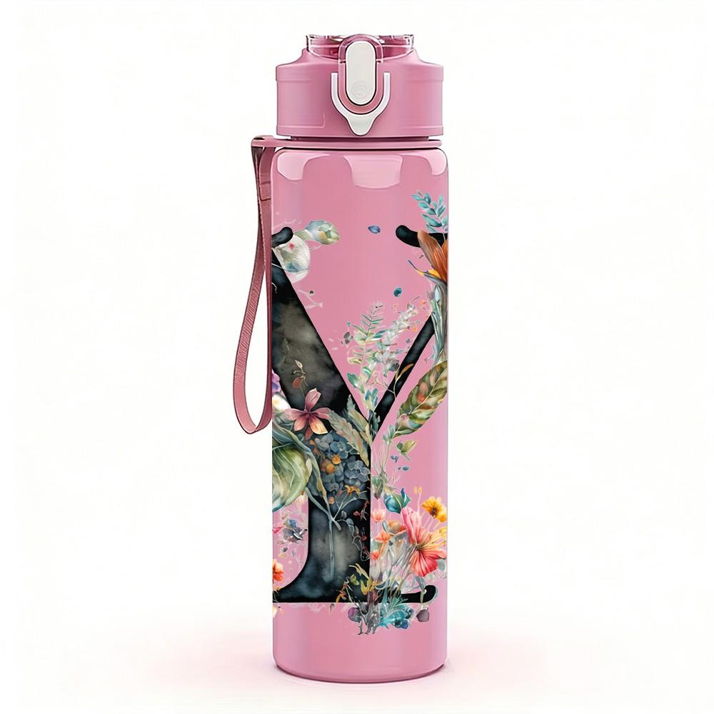 1PC Letter V Floral Monogram Art Print 750ml Color Plastic Sports Water Bottle Leakproof Flip Straw Lid Suitable for Sports Office Home Use