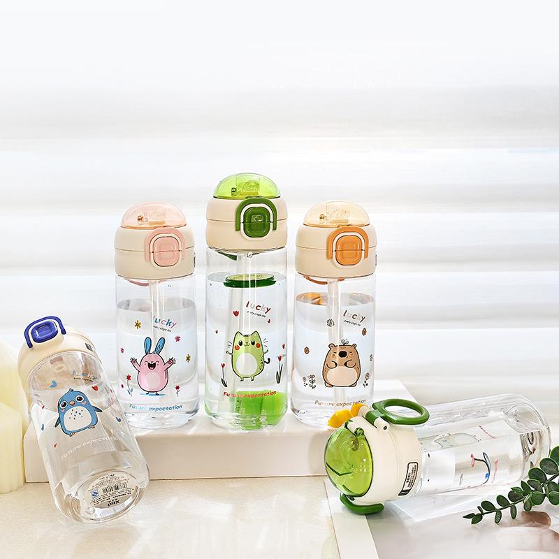 Water Bottle Summer High Value Simple Fresh Double Drink Straw Cup Male and Female Students Water Cup Cartoon Portable Anti-drop Cup