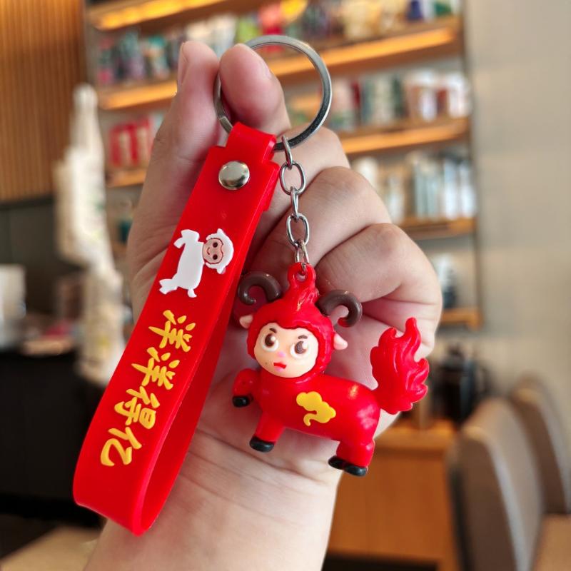 Soft Wrist Lanyard Cartoon Red Sheep Keychain 3D Fluffy Doll Pendant Comfortable Key Holder for Daily Bag Accessory