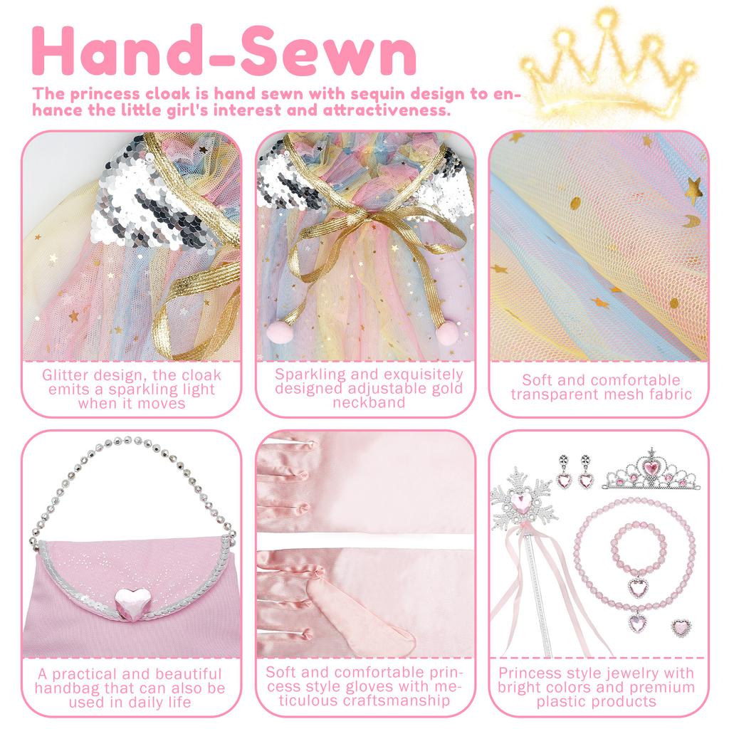 Princess Dress Up Clothes Set Princess Dress Up Cloak Set Mermaid Sequin Cape Kit with Crown Necklace Bracelet Ear Clips for Kid