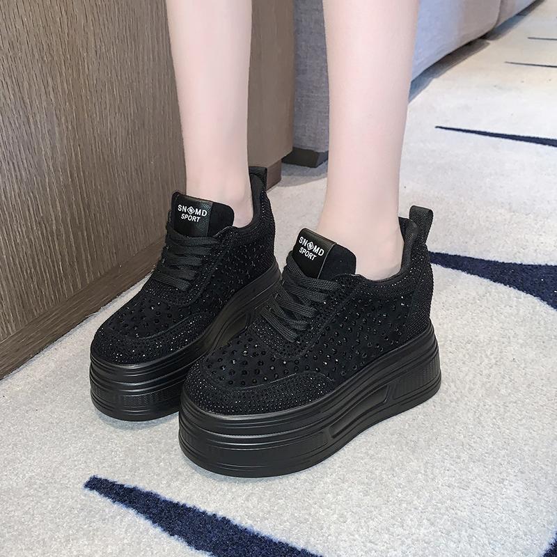Fashion 10cm Crystal Synthetic Microfiber Chunky Sneakers Women Shoes Platform Wedge Hidden Heels Sandals Leather Pumps Flats