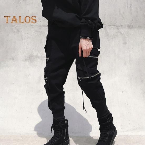 Herren Cargohose mit Riemen und Reißverschluss, lockere Knöchelpartie, mittelhohe Hose, einfarbig, mehrere Farben, Hip Hop Streetwear, Outdoor, Reisen, Sporthose