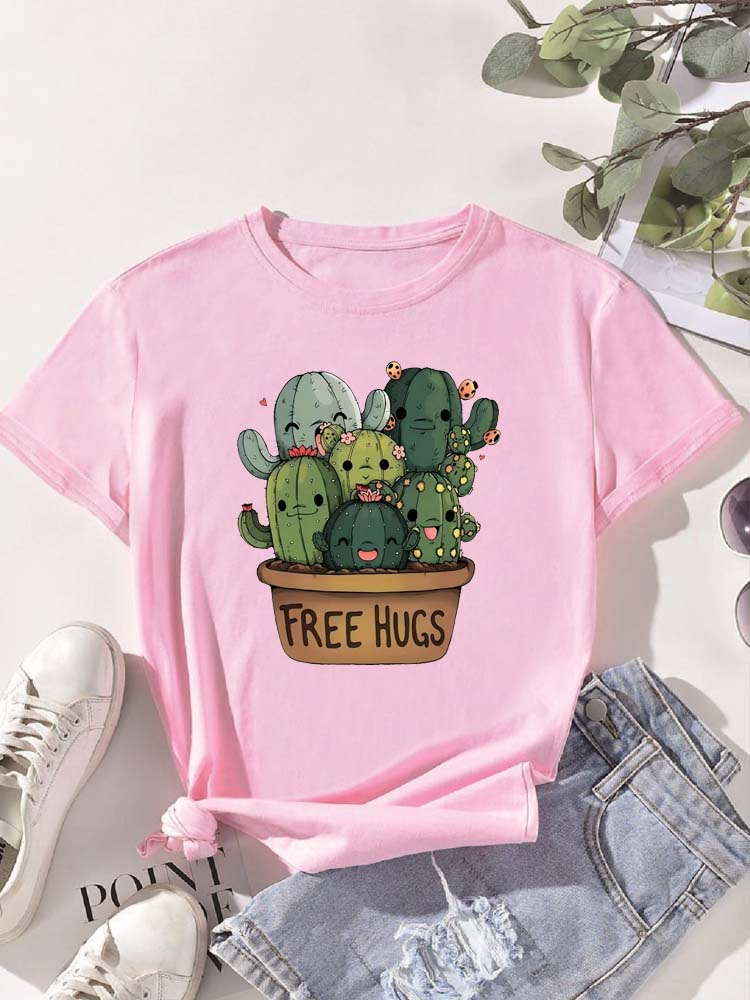 Cartoon Cactus Print T Shirt for Women Clothing Casual Short Sleeves T-shirt Fashion Streetwear Crew Neck Female Shirts