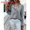 Polyester Geometric Pattern Blouse For Women With Long Sleeves And French Style Buttons For Spring Fashion