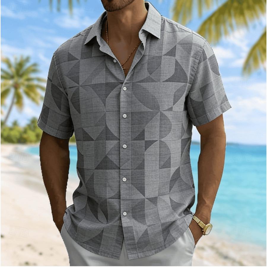 Hot Selling Men's Semi-circular Printed Short Sleeved Summer Casual Vacation Shirt, Loose Top