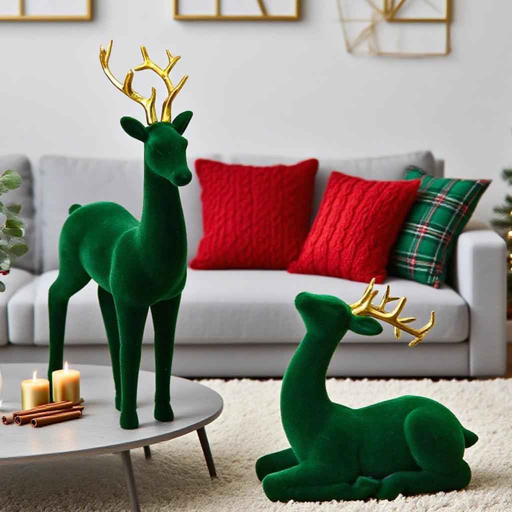 Christmas Reindeer Flocking Christmas Animals 2 Pieces Standing Sitting Sculpture Red Green Aesthetic Elk for Party Bedside