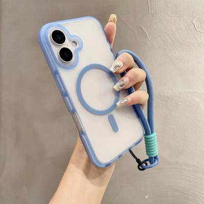 Couleur Gelée Mate Translucide Pour Coque Magnétique MagSafe avec Dragonne Pour iPhone 16 Pro Max 15 14 13 12 Housse PC+TPU