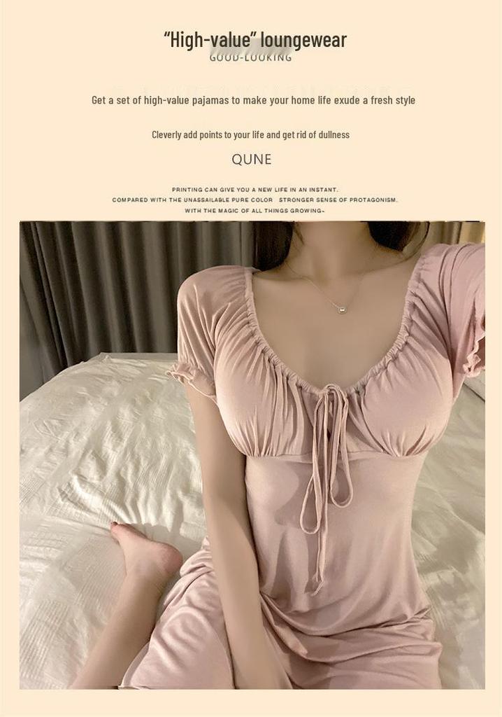 Women's Summer French Modal Nightgown with Built-in Bra, Short Sleeve, Thin, Sexy, Pure Desire Style, Wearable Outdoors