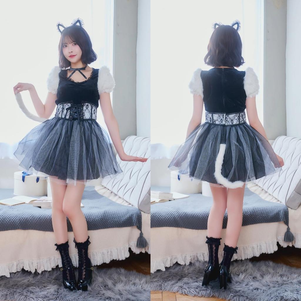 Clearstone Coquettish Girly Halloween Cosplay Vanilla Cat Costume Set for Women, Size M, White - Cute Animal Themed Party Outfit