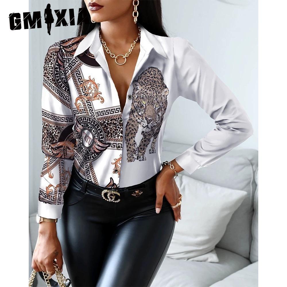 GMXIA Women's Fashion Casual Solid Color Print Long Sleeve POLO Neck Blouses & Shirts