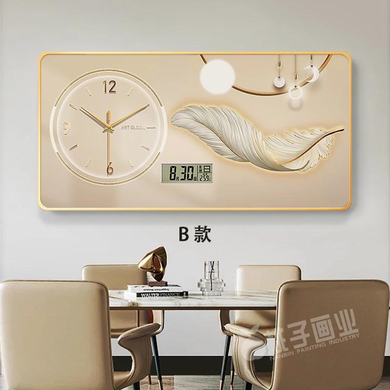 New perpetual calendar decorative painting light luxury feather wall clock living room hanging painting home electronic clock