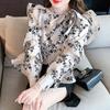Fashion New 2024 Autumn Ruffles Long Sleeve Bow Collar Print Chiffon Blouse Shirt Women Tops Blouses Shirts J467