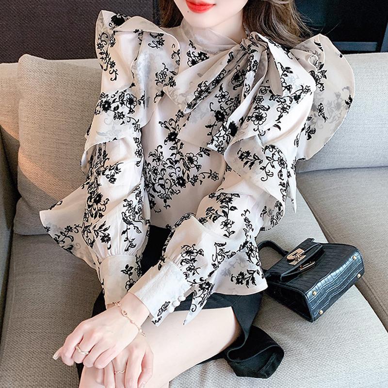 Fashion New 2024 Autumn Ruffles Long Sleeve Bow Collar Print Chiffon Blouse Shirt Women Tops Blouses Shirts J467