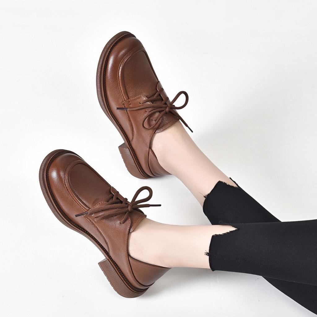Casual spring new lace-up thick heel single shoes first layer cowhide one shoe two wear leather shoes