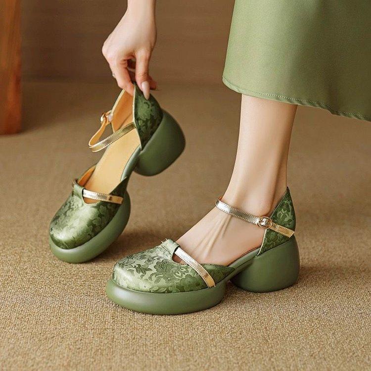 Round Head Single Shoes New Chinese Style Embossed Soft Leather Hollow Bag Head Word with Sandals Women's Fashion Thin Thick Heel