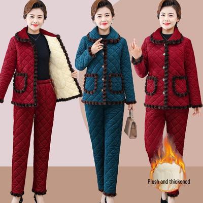 Mother's Winter Velvet-Enhanced Cotton Pants Set: Warm Jacket & Pants for Women, Middle-Aged & Elderly.