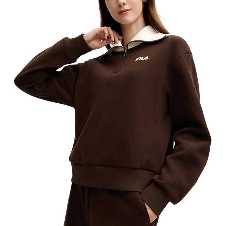Fila Modern Heritage Warm Comfortable Soft Half-Zip Color Block College Sweatshirt Women Sweatshirt Deep-Rock-Brown F11W518204F-BN