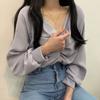 Women Shirt V-Neck Lantern Long Sleeve Pullover Tops Solid Color Knotted Design Regular Fit Tops Daily Wear