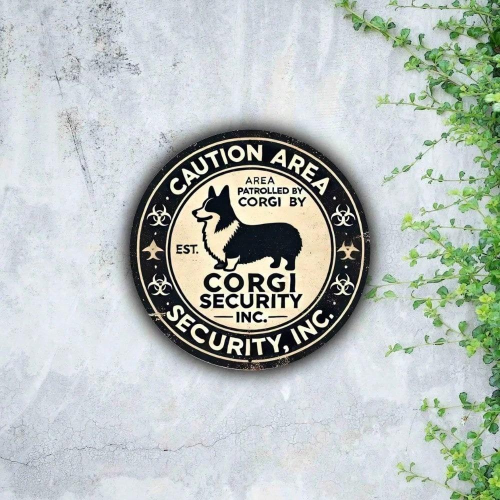 Vintage Corgi Security Sign Metal Tin Wall Decor 20x20cm Outdoor Home Office
