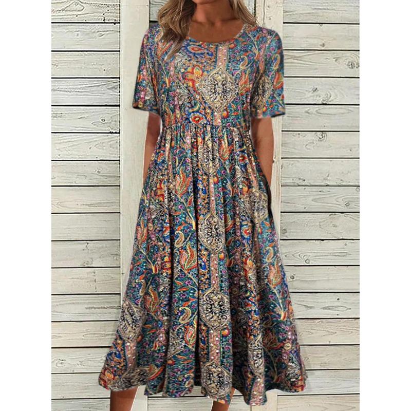 

Summer Women s O-Neck Short-Sleeved Long Dress with Floral Print XXL