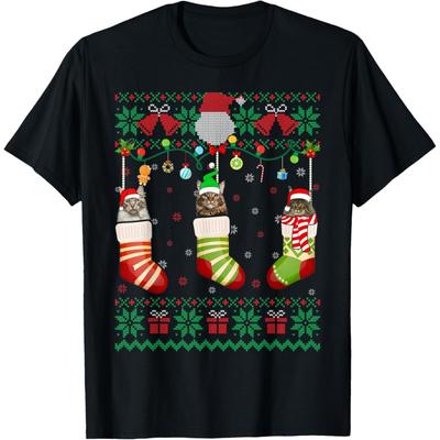 Retro Funny Merry Catmas Maine Coon Cat Ugly Christmas Cat T-Shirt for Men Women Kids
