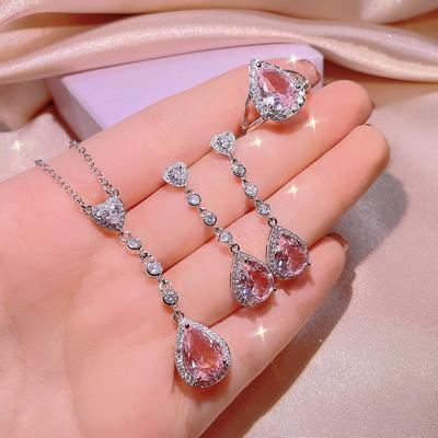 Silver High Quality Pink Diamond Drop-shaped Pendant Earrings Ring Female Color Treasure Three-piece Set Party Birthday Gift