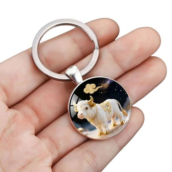 Zodiac Keychain Dome Glass Zinc Alloy Keychain with Starry Sky Background Golden Foil Embellishments 12 Zodiac Signs Key Holder
