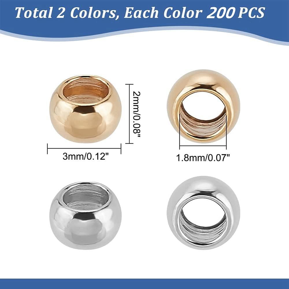 400Pcs 2 Styles 304 Stainless Steel Spacer Beads, Rondelle, Golden & Stainless Steel Color, 3x2mm, Hole: 1.8mm, 200pcs/color