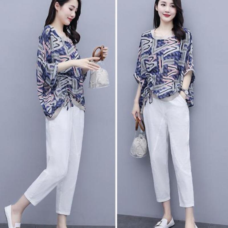 Modisches Damen-Zweiteiler-Set mit floralem Print, lässiger lockerer Stil, Damen-Sommer-Sets