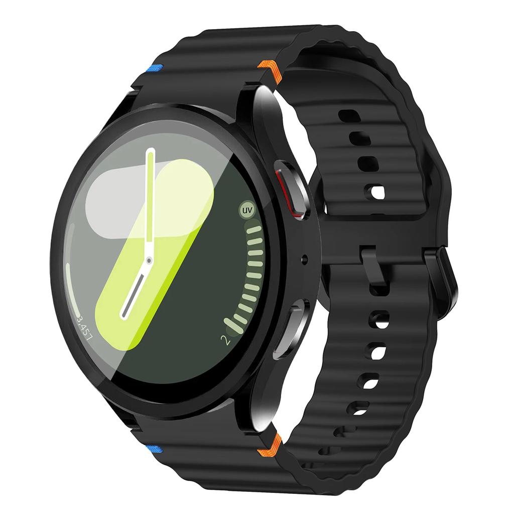 Boîtier+Bracelet pour Samsung Galaxy Watch7 40mm 44mm Bracelet en Silicone Bracelet Film de Protection d'Écran en Verre Trempé Coque Bumper en TPU