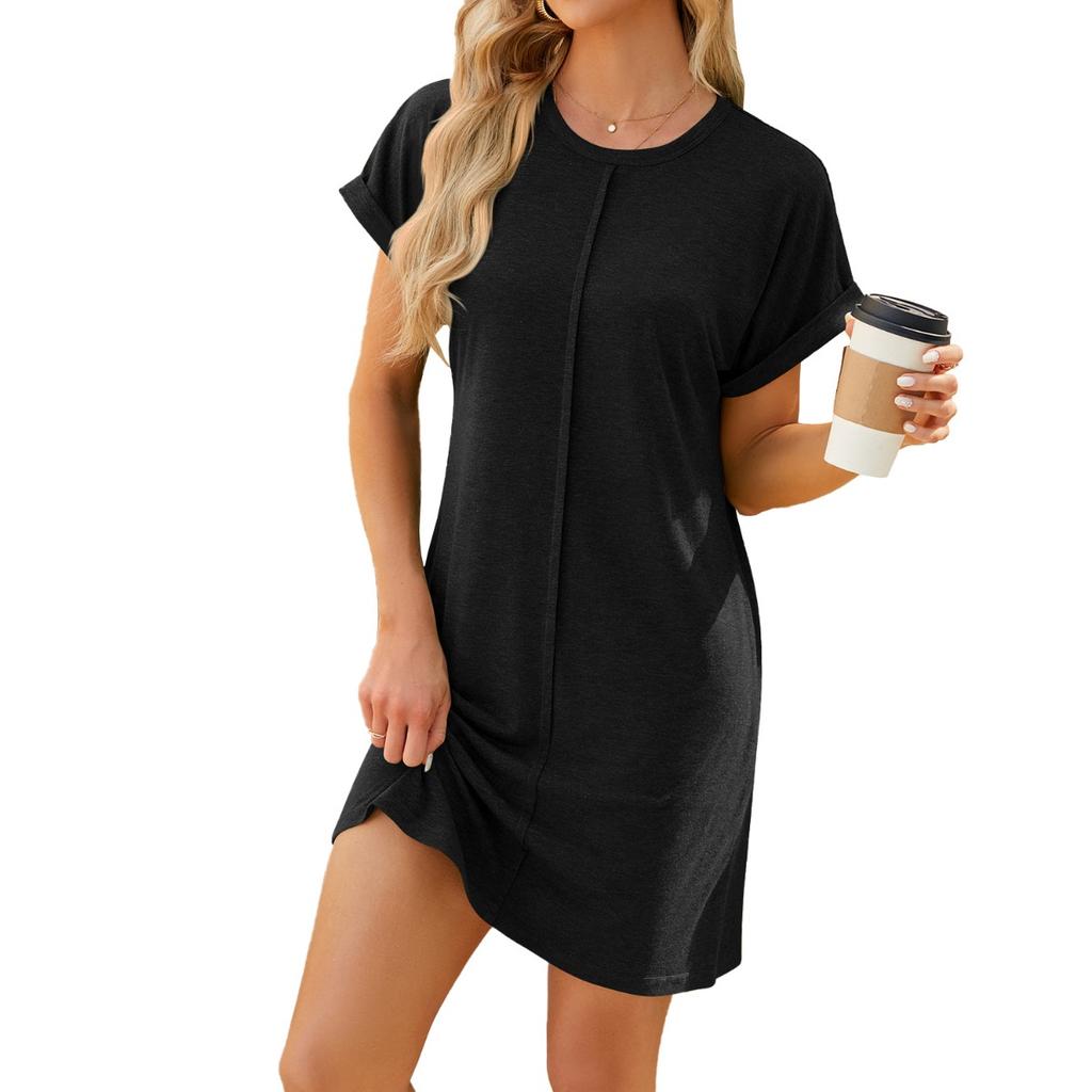 Spring Summer Women's Casual Solid Color Crew Neck Loose Short Sleeve Dress For Cross-border Export