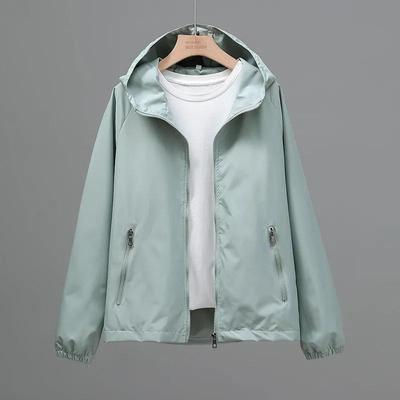 Giacca da donna primaverile ed estiva a tinta unita con cappuccio e zip, giacca antivento casual ampia