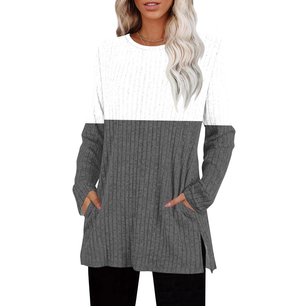 Womens Sweaters Crewneck Long Sleeve Shirts With Pockets Fall Outfits  Fashion Winter Clothing Side Slit