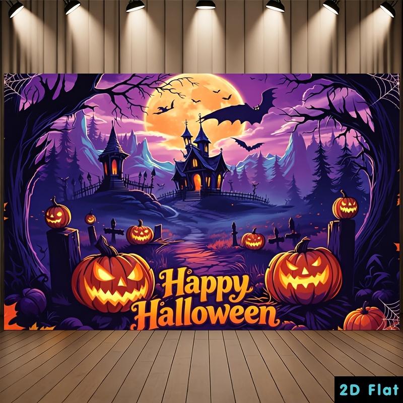 Two-dimensional Flat Banner 1 Piece Party Banner Purple Moonlight Haunted Castle Pumpkin Halloween Background Cloth