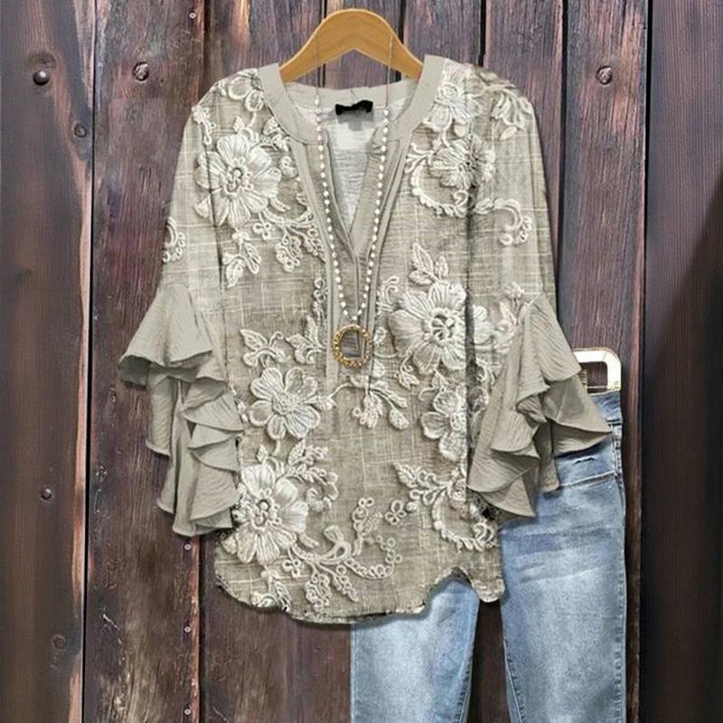 European & American Khaki Lace Floral V-Neck Ruffle Mid-Sleeve Women's Top