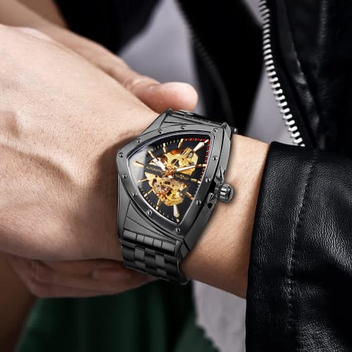 FORSINING Men's Skeleton Automatic Mechanical Watch with Triangular Dial and Luminous Self-Winding Movement, Stainless Steel Bracelet or Soft Silicone