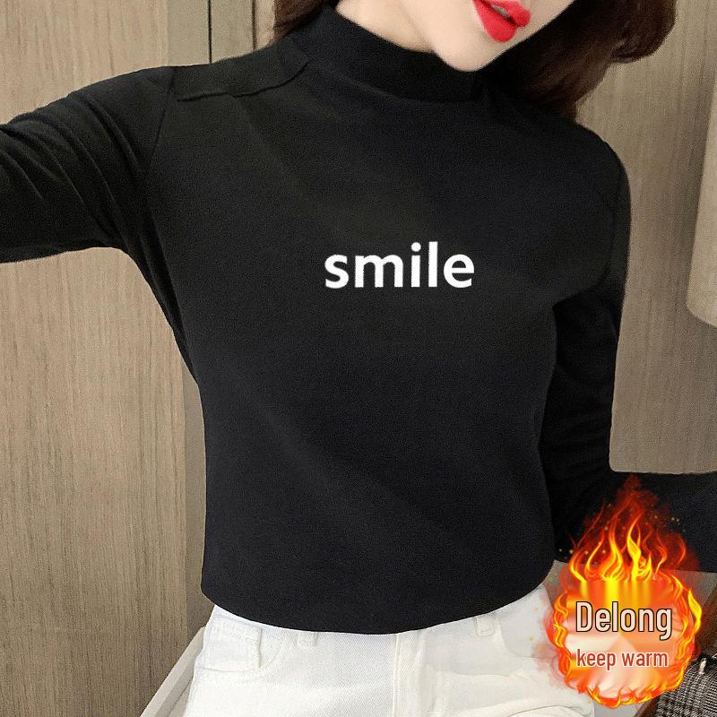 Double-Sided Velvet Long-Sleeve Semi-High Collar Fleece-Lined Women's Base Shirt - Slim Fit, Spring/Autumn Style
