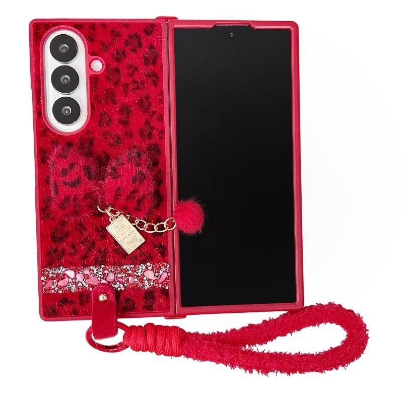 Applicable To Samsung ZFold7 Folding Leopard Print Mobile Phone Case, Bow Plush Hand Rope Zfold6/5 Japanese and Korean Protective Case