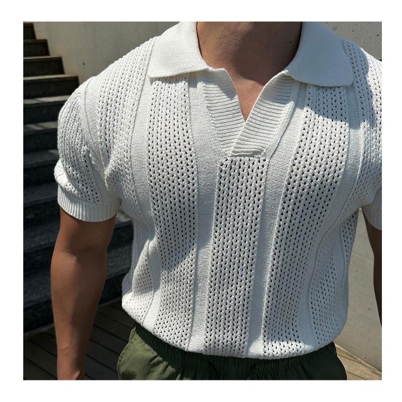 Men's White Hollow Knit Polo Shirt Short Sleeve Breathable Mesh Summer Casual Slim-Fit Knitwear Top