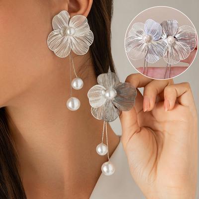 Exquisite Metal Pearl Long Tassel Earrings Unique Irregular Flower Hanging Dangle Drop Earrings for Women Female Wedding Jewelry