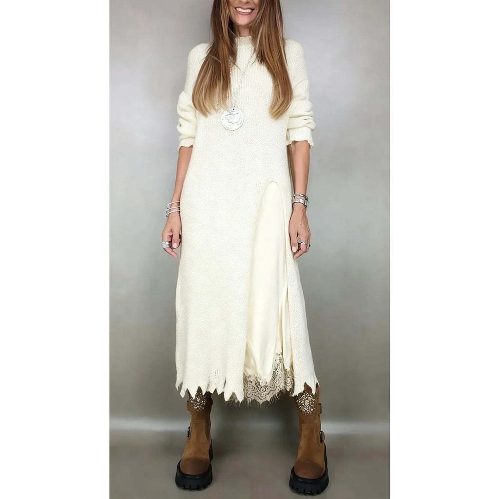 Women's Long Sleeve Knit Cardigan Two Piece Outfit V Neck Lace Trim Spaghetti Strap Midi Dress Set Solid Color Fall Elegant Casual Outfit