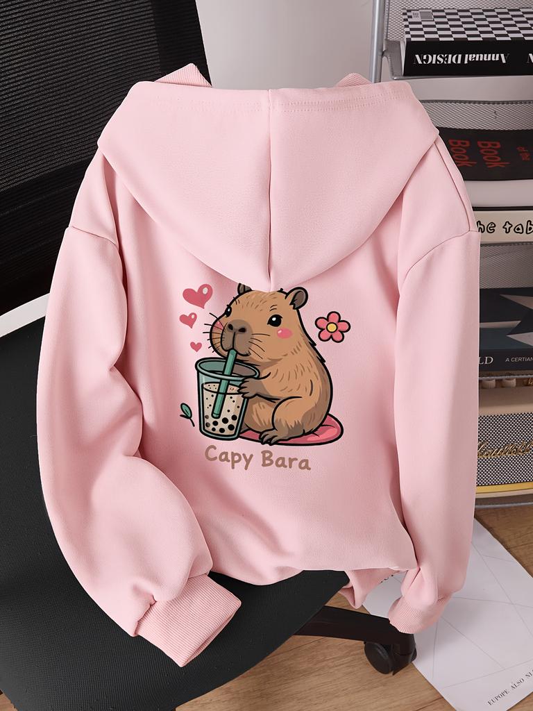 Felpa con Cappuccio e Stampa di Lettere Capibara per Ragazze – Stile Casual e Sportivo per Ragazze Più Grandi – Elegante Felpa con Zip per Primavera, Autunno e Inverno