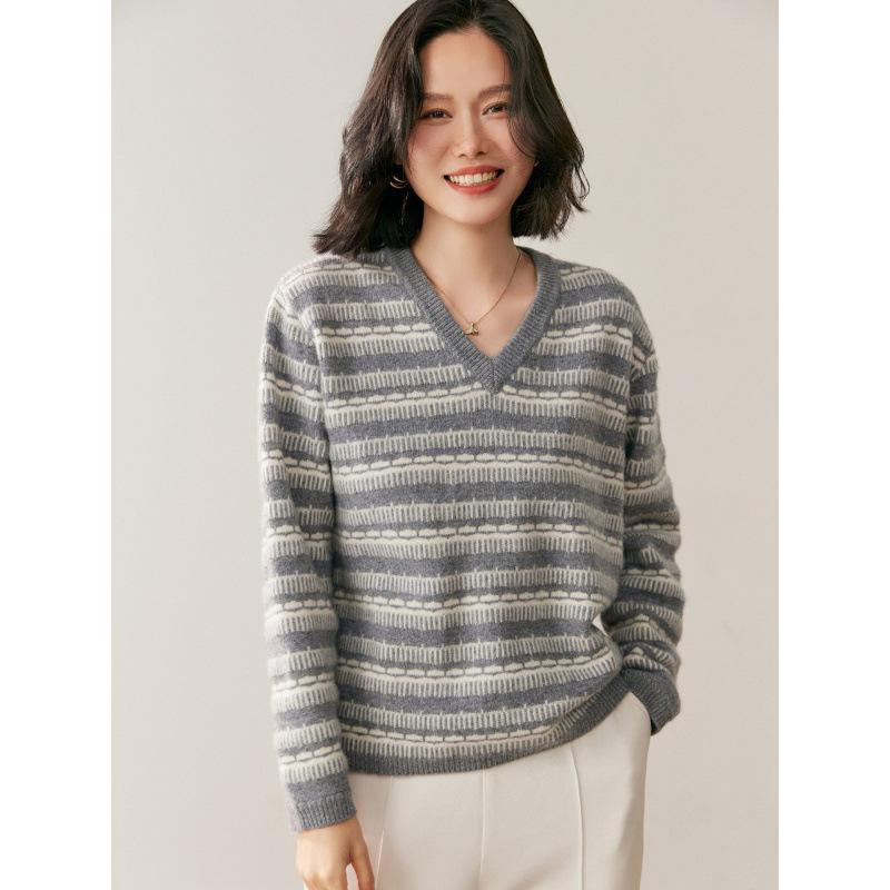 Women's Color Block V-Neck Cashmere Sweater - 2025 Autumn/Winter Korean Style Loose Slimming Pullover