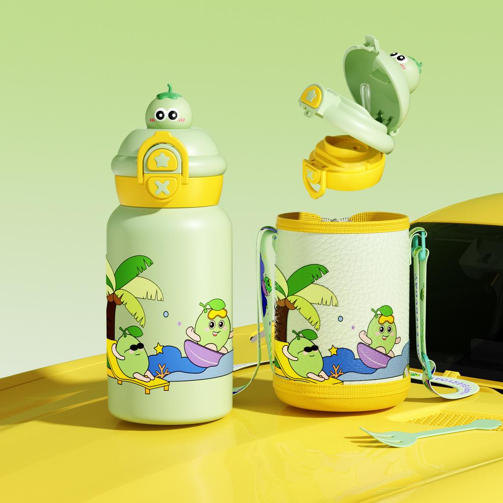 Double Drinking Children's Thermos with Straw 316 Stainless Steel Cartoon Portable Bouncing Lid Doll Student Kettle Water Cup